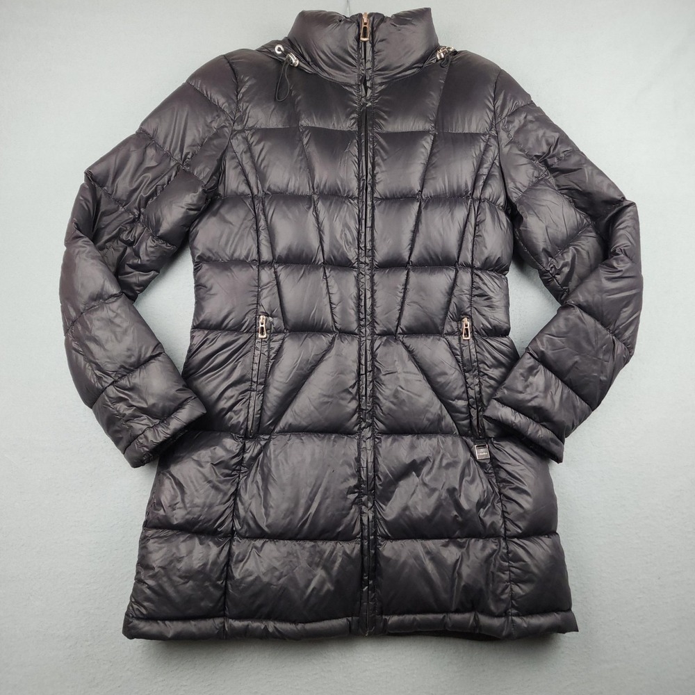 Calvin Klein Coat Womens Small Black Packable Down Puffer Hood Zip Long Parka